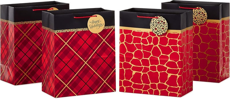 Hallmark 13" Christmas Gift Bags - Red, Gold and Black Plaid, Leopard Print, Giraffe Print (4 Large Gift Bags) for Holiday Parties, Hanukkah, Winter Weddings - Image 1